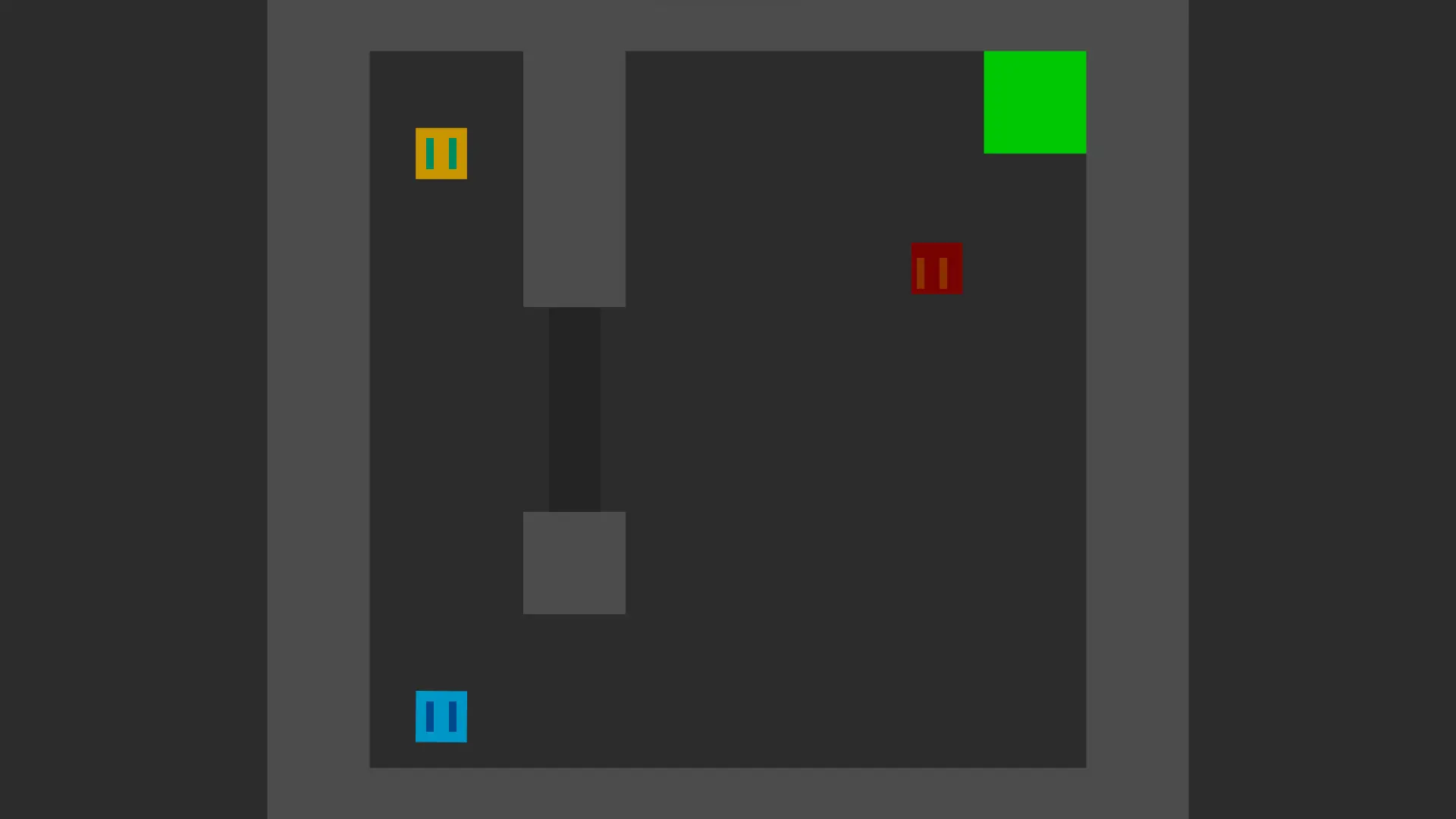 The player is in the bottom left corner. In a hallway to the left, there is a box at the top left. In a separate room to the right, an enemy is moving towards the player and the goal.
