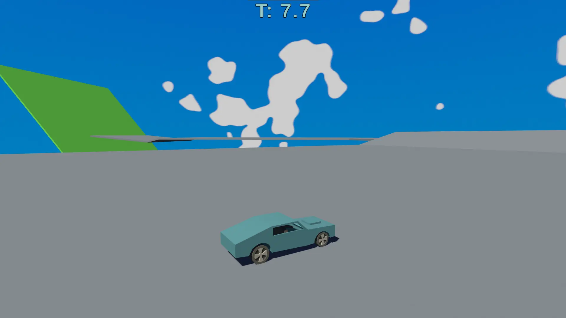 A low-poly car on a large floating platform with a ramp off in the distance to the right. The sky is blue with while splotches.