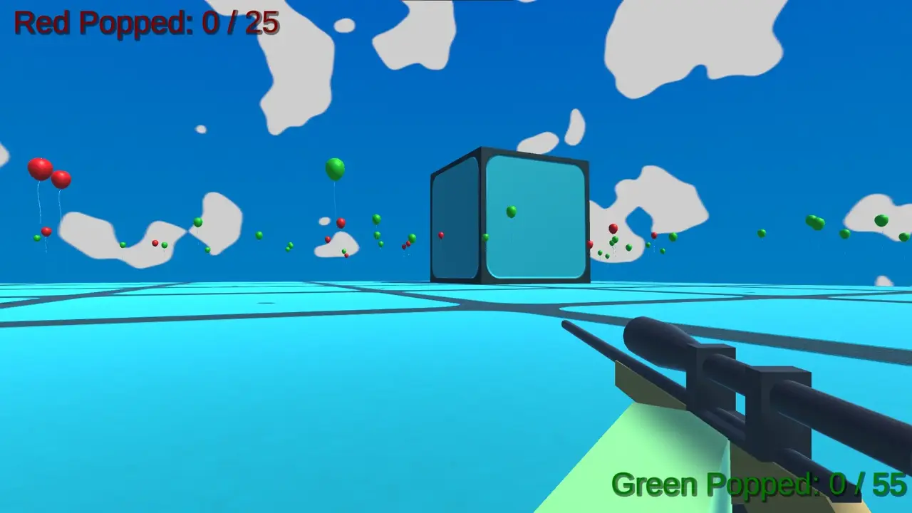 First-person perspective, holding a sniper rifle with many balloons in the distance. The sky is blue with while splotches.