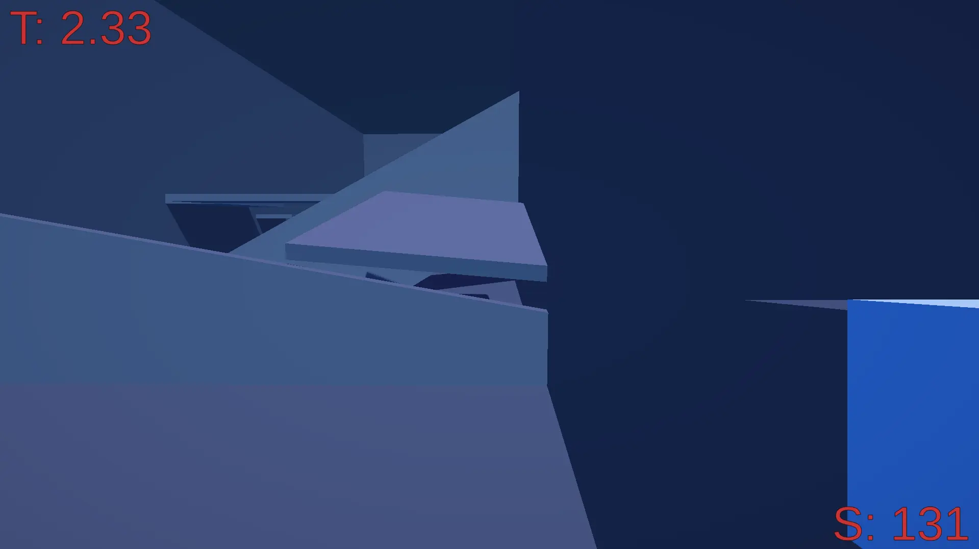 First-person perspective, holding a rocket launcher with many slanted walls and platforms in the distance.