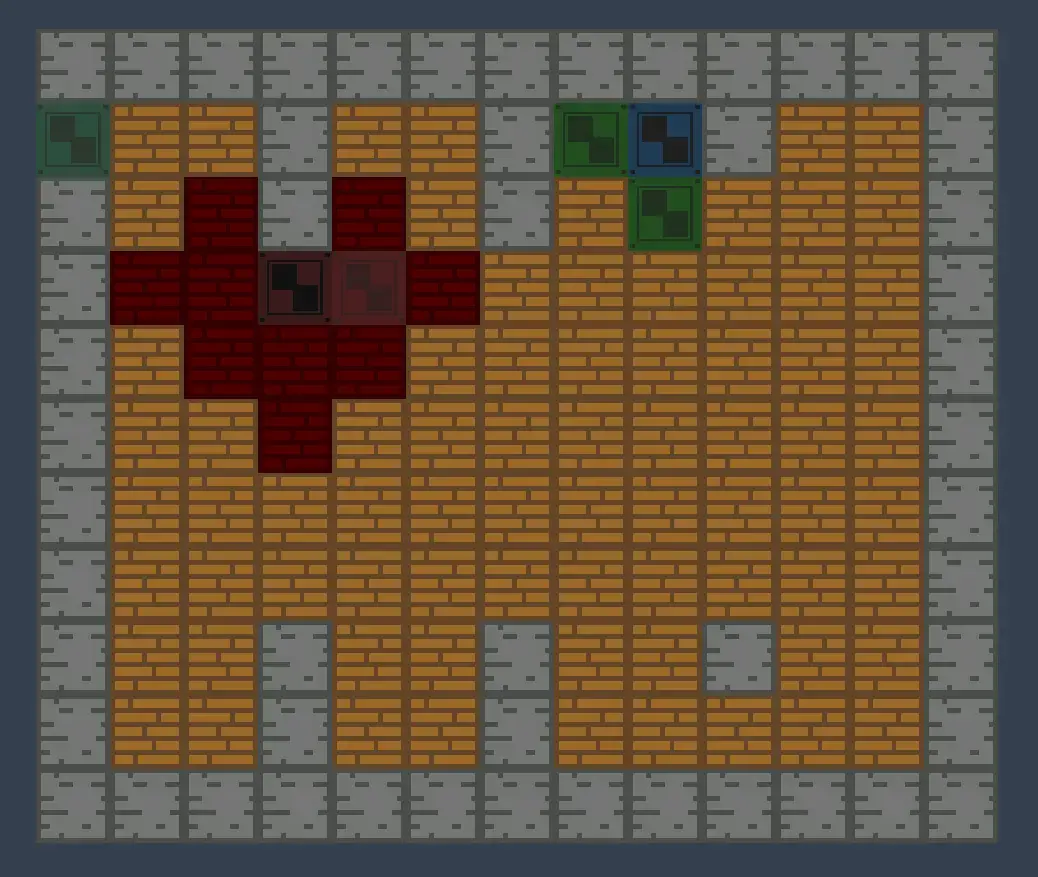 A grid of squares with movable tiles and walls. An enemy stands between the player and the goal.